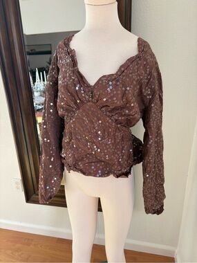 Krista Larson Brown Sequin Wrap Blouse with Gathered Waist